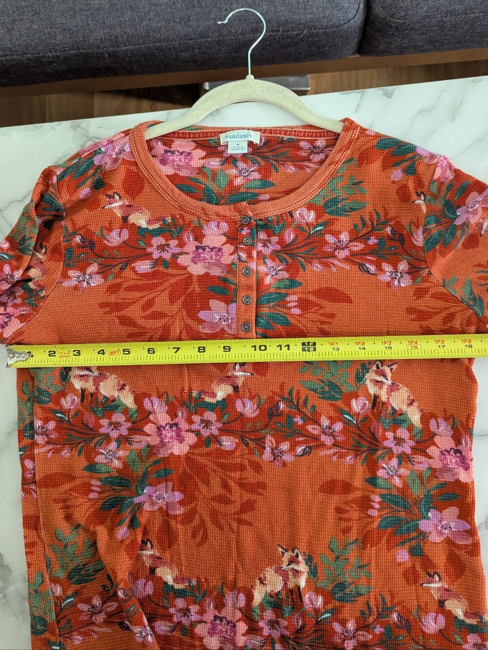 Sundance Mountain Foxes Waffle Knit Henley Long Sleeve Top Floral Orange Medium - Picture 7 of 8